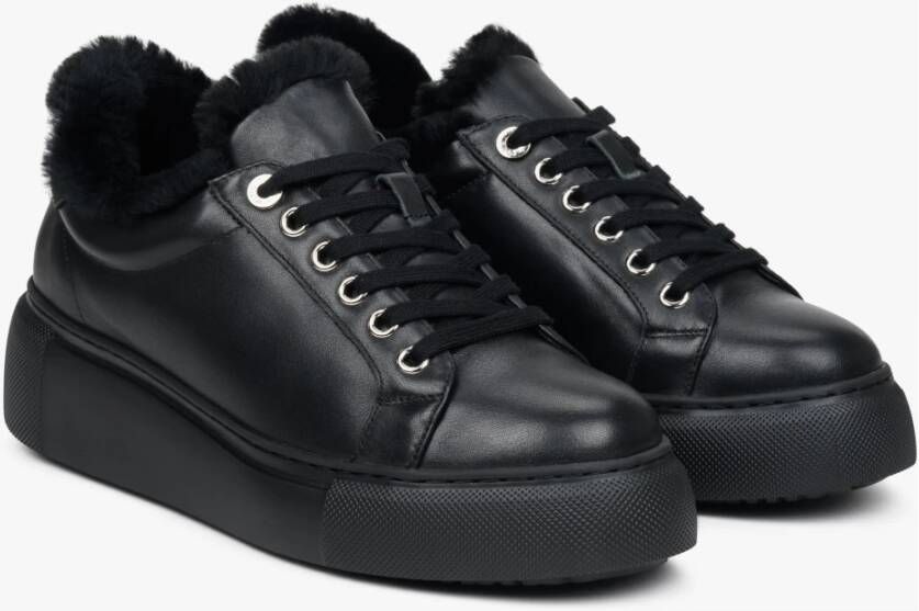 Estro Dames Zwarte Leren & Bont Lage Sneakers voor de Winter Er00112115 Black Dames