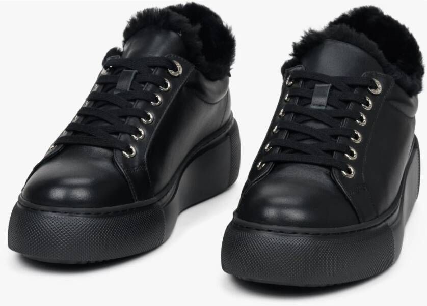 Estro Dames Zwarte Leren & Bont Lage Sneakers voor de Winter Er00112115 Black Dames