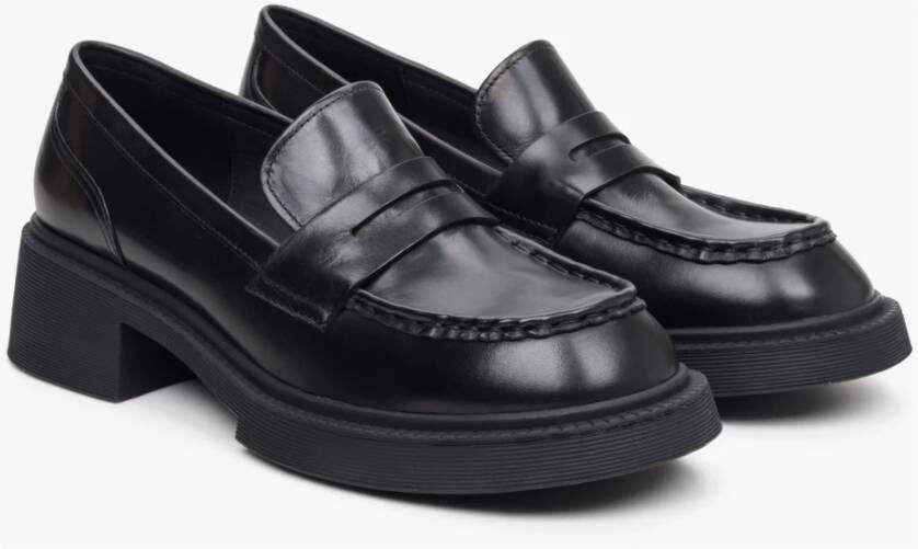 Estro Dames Zwarte Penny Loafers met Stevige Hak gemaakt van Echt Leer Er00113576 Black Dames