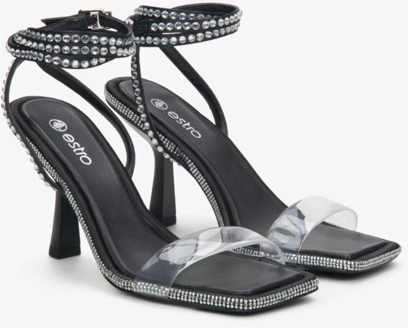 Estro Zwarte Dames Sandalen met Hak en Strass Black Dames