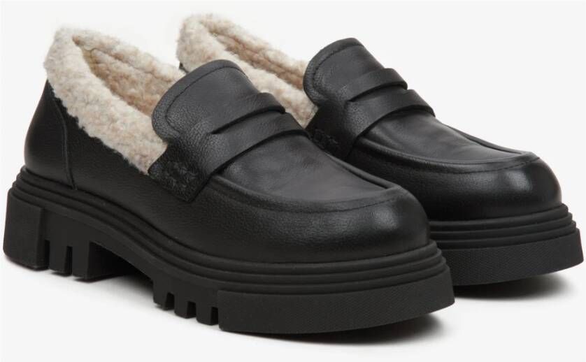 Estro Zwarte Leren Loafers voor Dames met Contrasterende Isolatie voor de Winter Black Dames