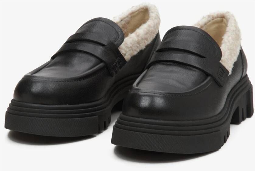 Estro Zwarte Leren Loafers voor Dames met Contrasterende Isolatie voor de Winter Black Dames