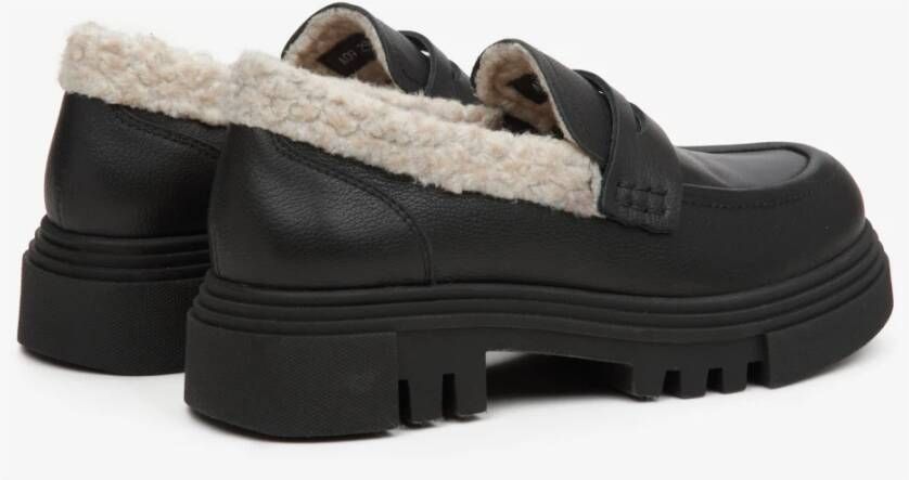 Estro Zwarte Leren Loafers voor Dames met Contrasterende Isolatie voor de Winter Black Dames