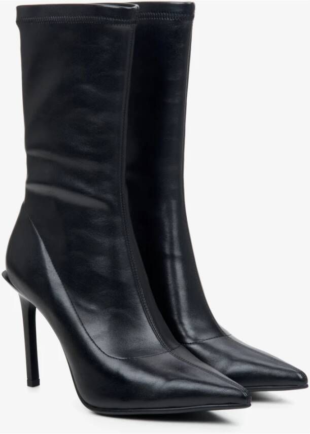 Estro Zwarte Leren Stiletto Enkellaarzen met Elastisch Bovenwerk Er00113949 Black Dames