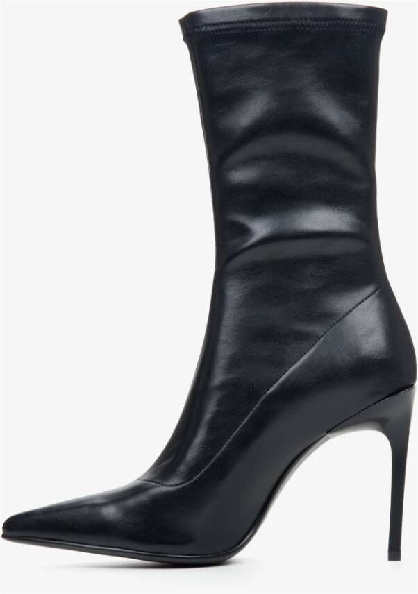 Estro Zwarte Leren Stiletto Enkellaarzen met Elastisch Bovenwerk Er00113949 Black Dames