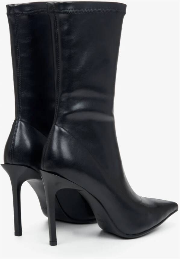 Estro Zwarte Leren Stiletto Enkellaarzen met Elastisch Bovenwerk Er00113949 Black Dames