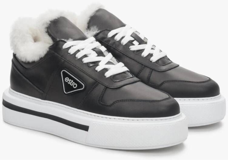 Estro Dames Zwarte Leren Lage Sneakers met Bontvoering voor de Winter Er00111980 Black Dames