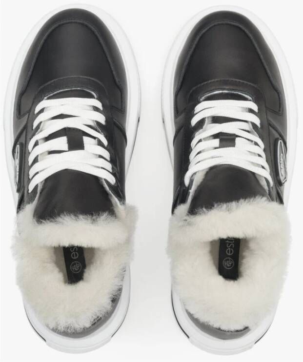 Estro Dames Zwarte Leren Lage Sneakers met Bontvoering voor de Winter Er00111980 Black Dames