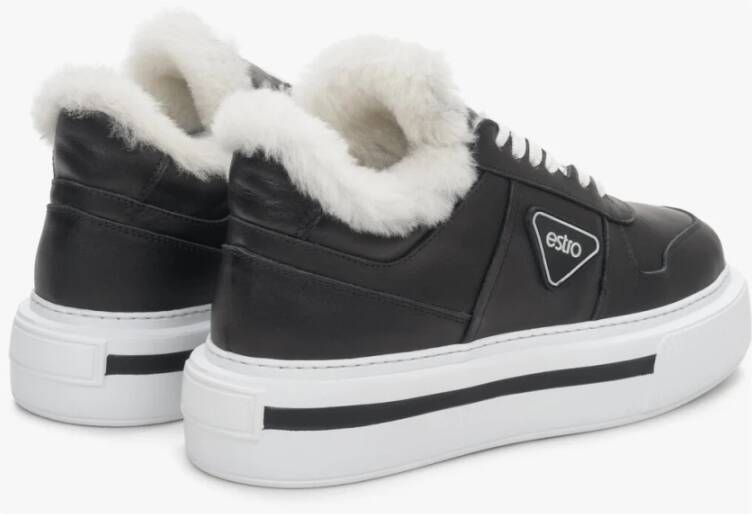 Estro Dames Zwarte Leren Lage Sneakers met Bontvoering voor de Winter Er00111980 Black Dames