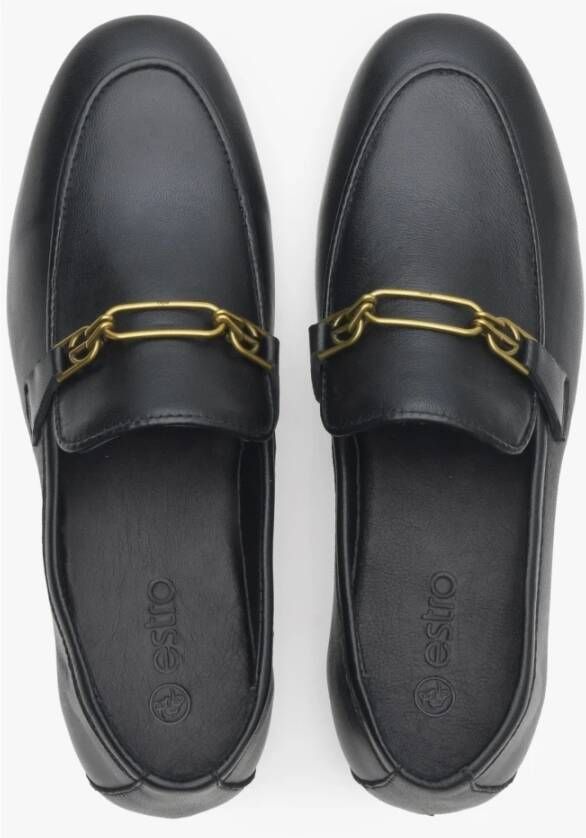 Estro Dames Zwarte Leren Penny Loafers met een Zilveren Ketting Er00113298 Black Dames