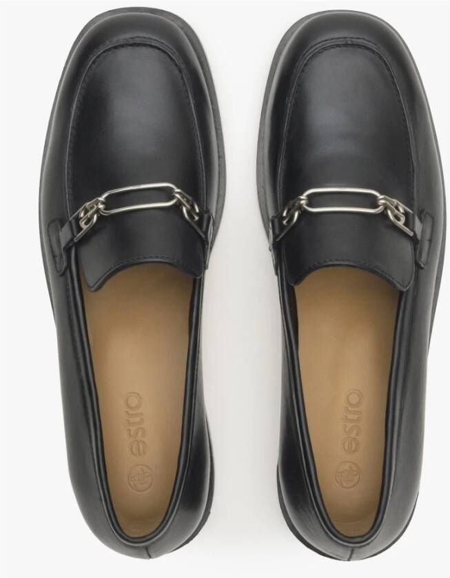 Estro Dames Zwarte Leren Penny Loafers met een Zilveren Ketting Er00114527 Black Dames