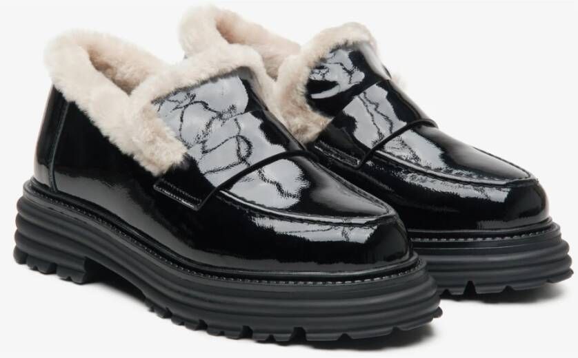 Estro Dames Zwarte Bontgevoerde Loafers gemaakt van Echt Lakleer voor de Winter Er00114213 Black Dames