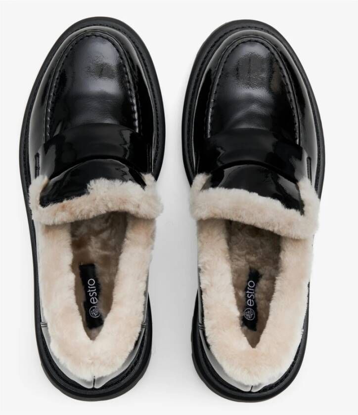 Estro Dames Zwarte Bontgevoerde Loafers gemaakt van Echt Lakleer voor de Winter Er00114213 Black Dames