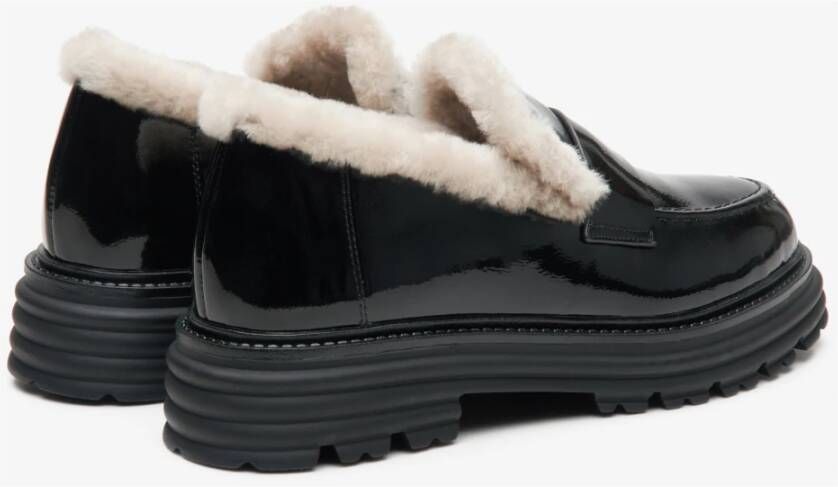 Estro Dames Zwarte Bontgevoerde Loafers gemaakt van Echt Lakleer voor de Winter Er00114213 Black Dames