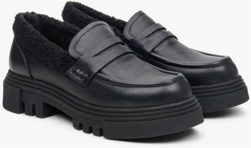 Estro Dames Zwarte Leren Loafers met Isolatie voor de Winter Er00113301 Black Dames