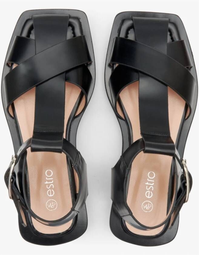 Estro Dames Zwarte Leren Platte Sandalen Er00111648 Black Dames