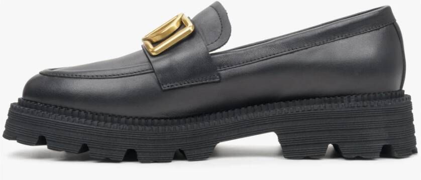 Estro Zwarte Dames Leren Loafers met Gouden Kettingen Er00113287 Black Dames