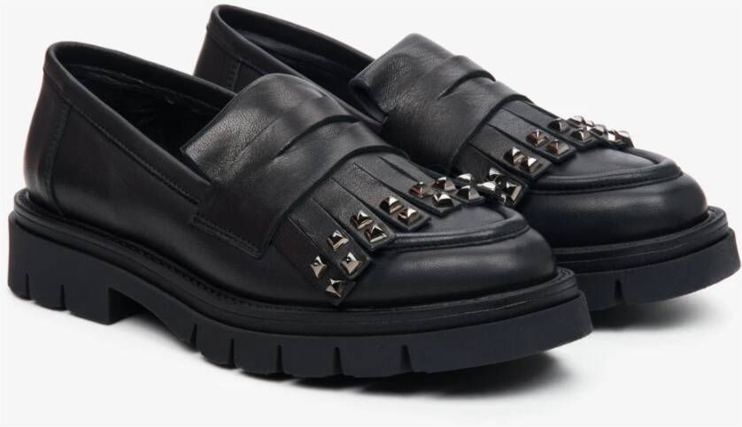 Estro Dames Zwarte Loafers met Versieringen gemaakt van Italiaans Echt Leer Er00113593 Black Dames