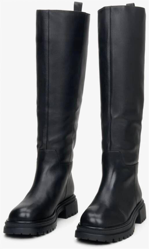 Estro Dames Zwarte Leren Winterlaarzen met Elastische Schacht Black Dames