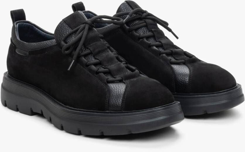 Estro Heren Zwarte Sneakers gemaakt van Nubuck en Echt Leer met Elastische Vetersluiting Er00114194 Black Heren