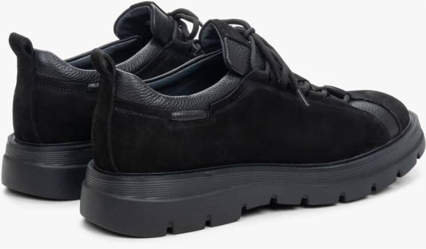 Estro Heren Zwarte Sneakers gemaakt van Nubuck en Echt Leer met Elastische Vetersluiting Er00114194 Black Heren