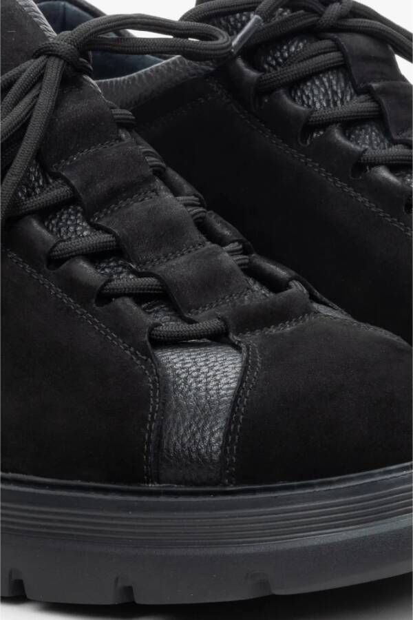 Estro Heren Zwarte Sneakers gemaakt van Nubuck en Echt Leer met Elastische Vetersluiting Er00114194 Black Heren