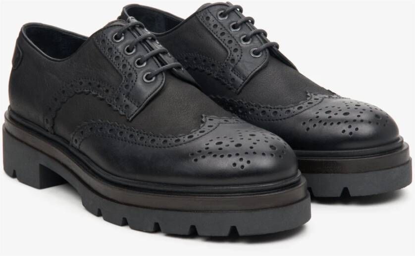 Estro Heren Zwarte Leren Brogues met Vetersluiting Black Heren