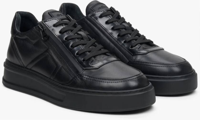 Estro Heren Zwarte Leren Sneakers met een Decoratieve Rits Er00113808 Black Heren