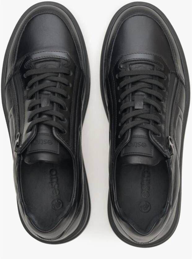 Estro Heren Zwarte Leren Sneakers met een Decoratieve Rits Er00113808 Black Heren