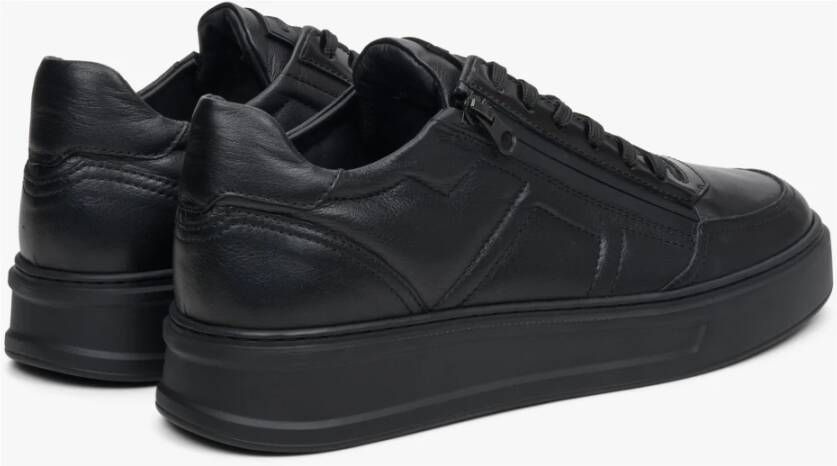 Estro Heren Zwarte Leren Sneakers met een Decoratieve Rits Er00113808 Black Heren