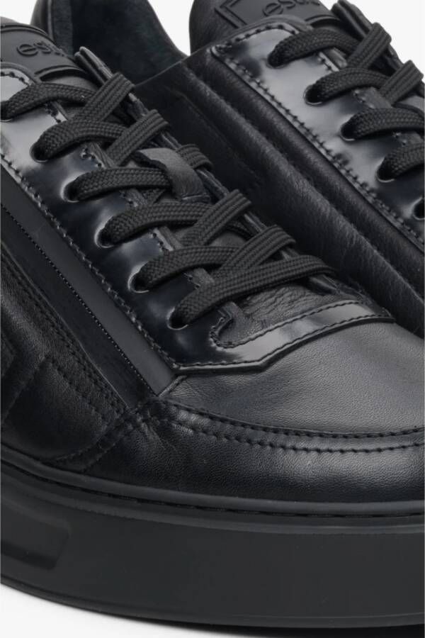 Estro Heren Zwarte Leren Sneakers met een Decoratieve Rits Er00113808 Black Heren