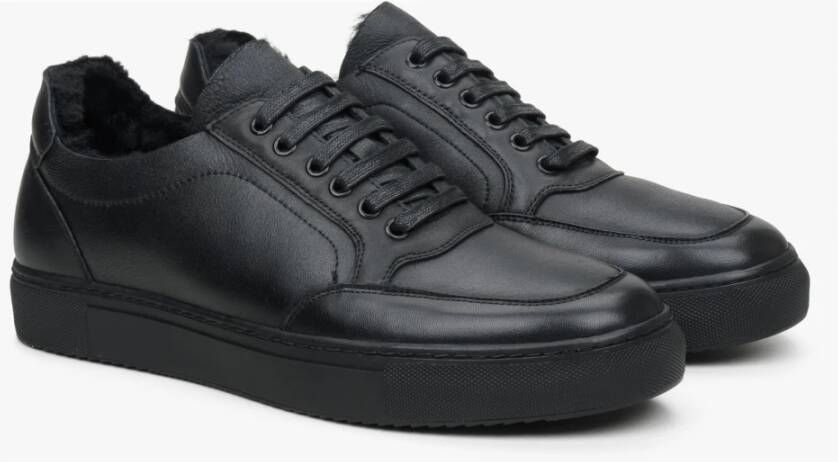 Estro Heren Zwarte Leren Lage Sneakers met Isolatie voor de Winter Er00114237 Black Heren