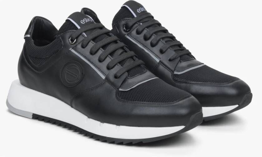 Estro Heren Zwarte Leren Sneakers met Elastische Zool Er00114547 Black Heren