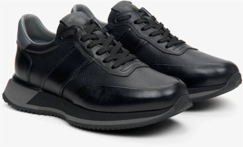 Estro Heren Zwarte Atletische Sneakers gemaakt van Echt Leer Er00113798 Black Heren