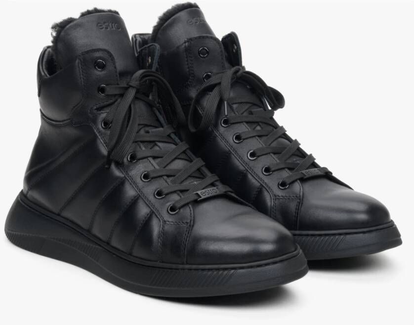 Estro Heren Zwarte Leren High-Top Sneakers voor Winter Er00113957 Black Heren