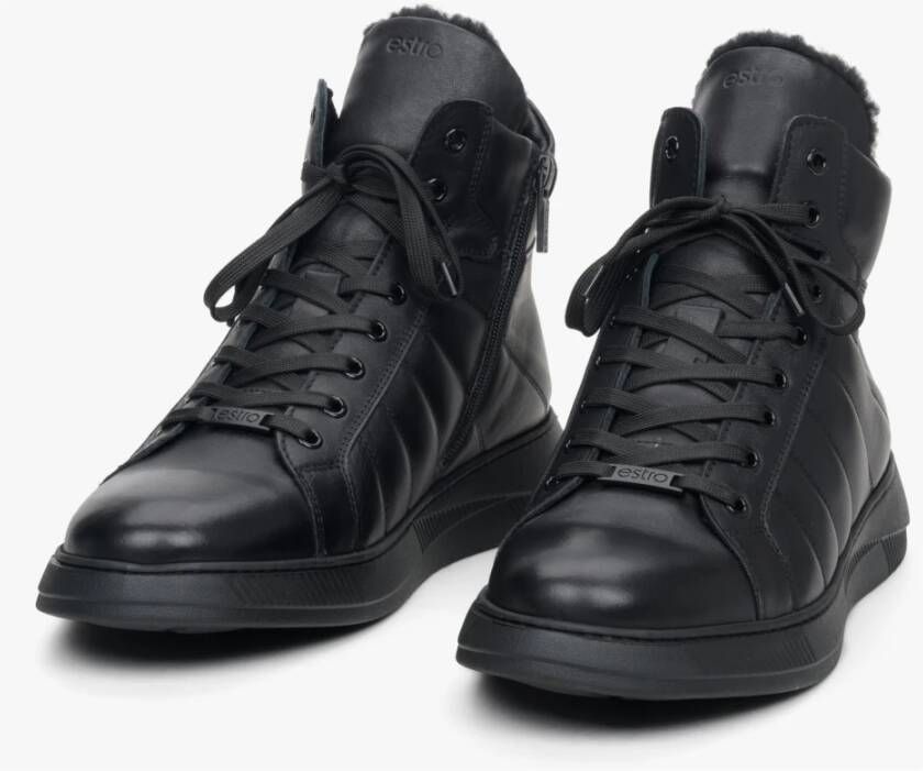 Estro Heren Zwarte Leren High-Top Sneakers voor Winter Er00113957 Black Heren