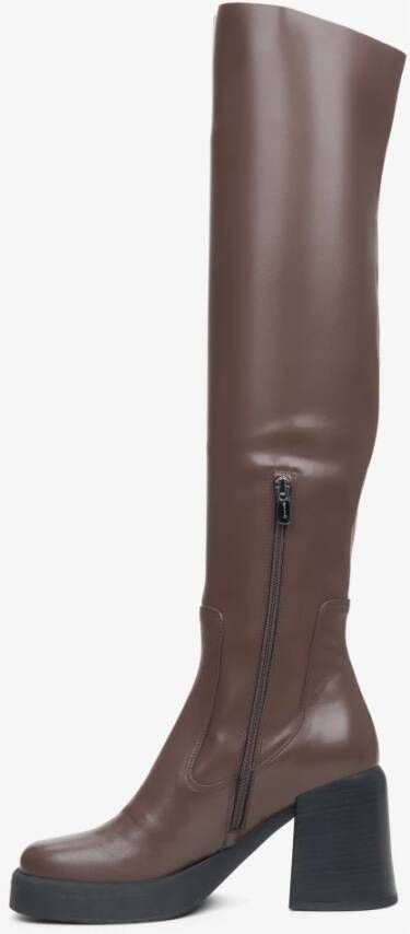 Estro Dames Zwarte Leren Blokhak Laarzen Er00113891 Brown Dames