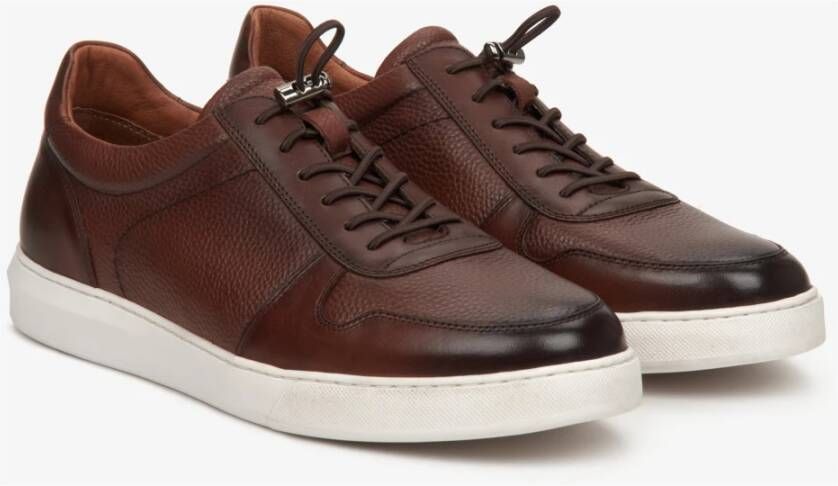 Estro Heren Zadelbruin Leren Lage Sneakers met een Elastische Manchet Er00112577 Brown Heren