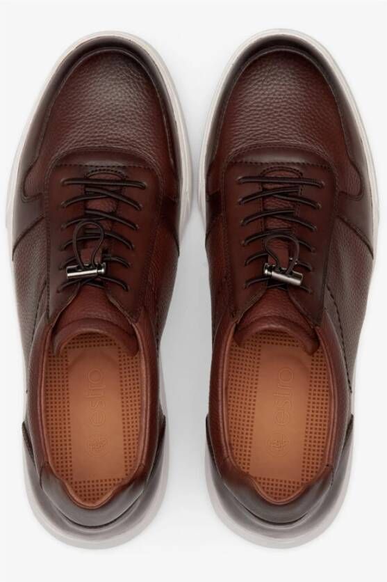 Estro Heren Zadelbruin Leren Lage Sneakers met een Elastische Manchet Er00112577 Brown Heren