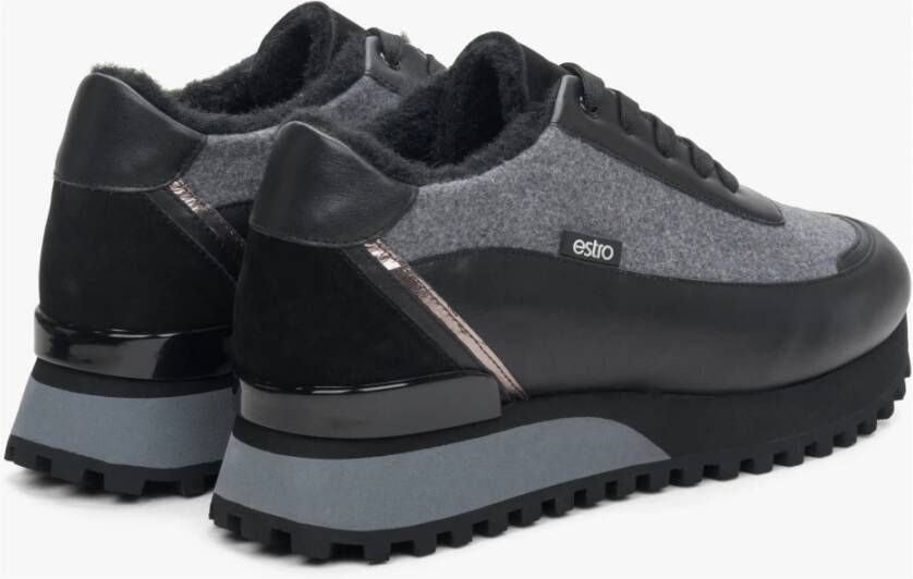 Estro Dames Zwarte & Grijze Leren Lage Sneakers met Bont voor de Winter Er00114141 Multicolor Dames