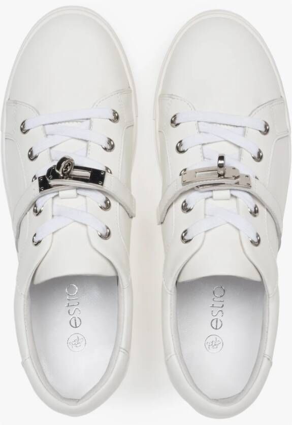 Estro Witte Premium Leren Lage Sneakers voor Vrouwen White Dames