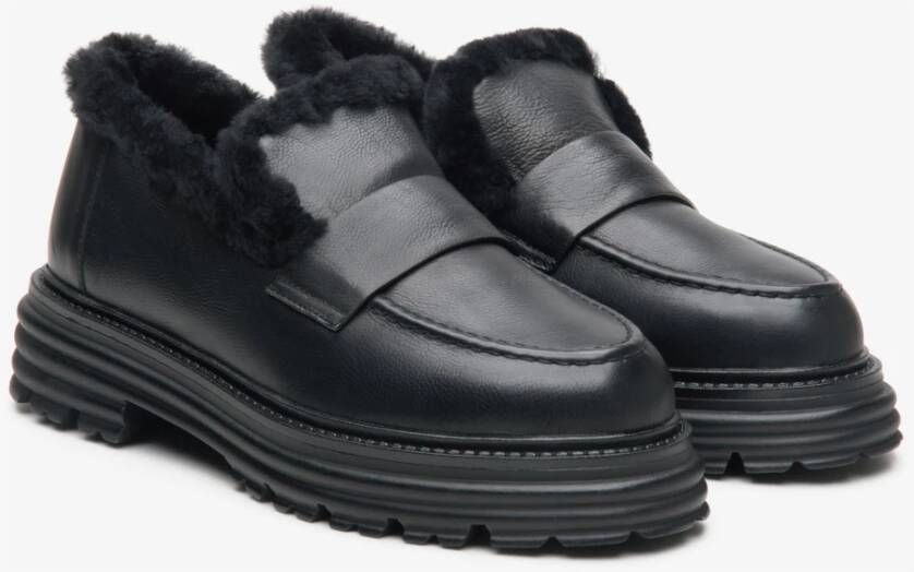 Estro Zwarte Dames Loafers met Bontvoering van Echt Leer voor de Winter Er00114212 Black Dames