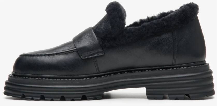 Estro Zwarte Dames Loafers met Bontvoering van Echt Leer voor de Winter Er00114212 Black Dames