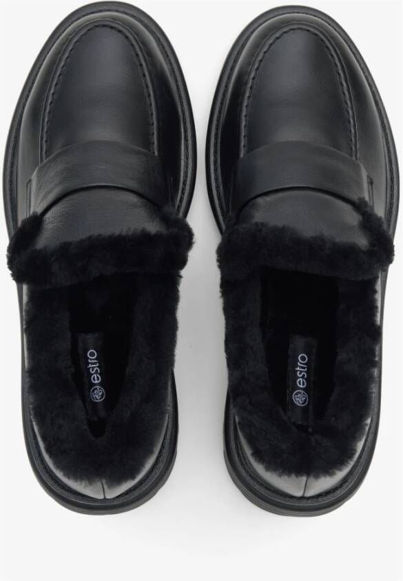 Estro Zwarte Dames Loafers met Bontvoering van Echt Leer voor de Winter Er00114212 Black Dames