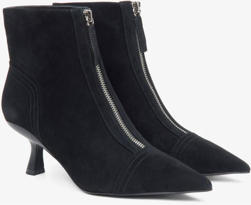 Estro Zwarte fluwelen enkellaarsjes voor dames met een lage stilettohak Black Dames