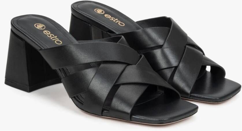 Estro Dames Zwarte Leren Blokhak Sandalen Er00114728 Black Dames