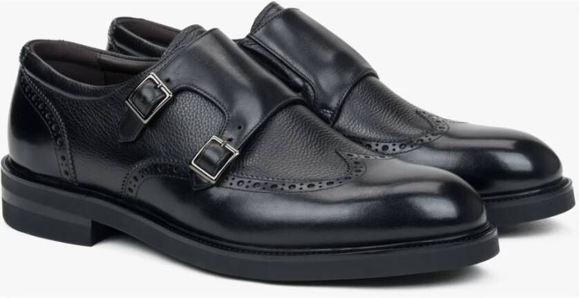 Estro Zwarte leren brogues voor heren met monniksbanden Black Heren