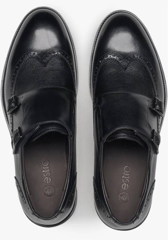 Estro Zwarte leren brogues voor heren met monniksbanden Black Heren