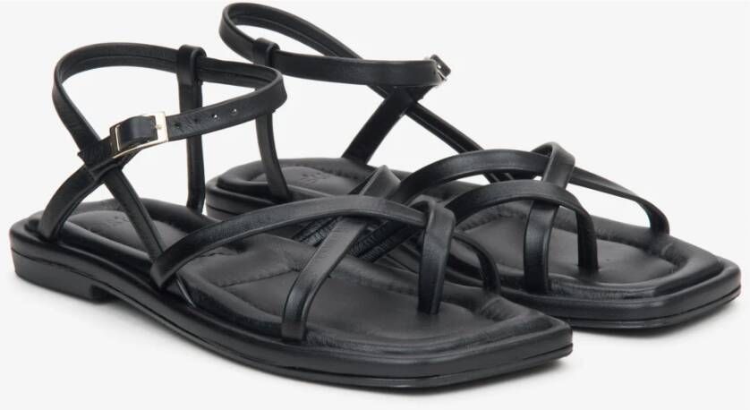 Estro Dames Zwarte Leren Sandalen met Dunne Kruisbanden Er00115135 Black Dames