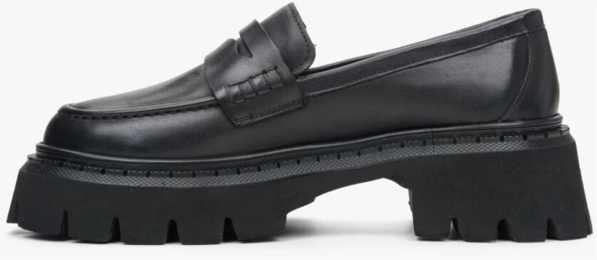 Estro Zwarte Leren Loafers Black Dames